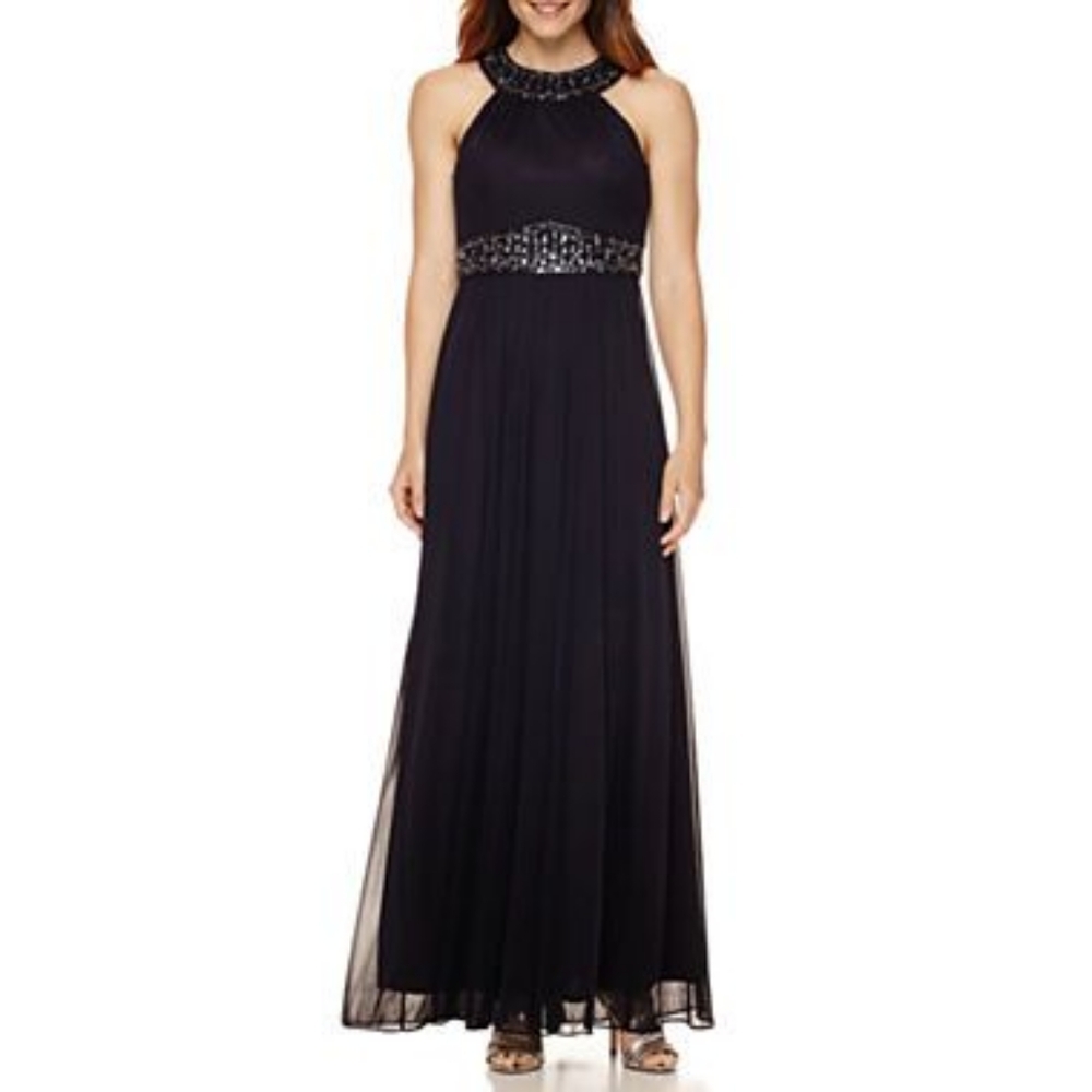 One by Eight | Navy Halter Sequin Floor Length Gown